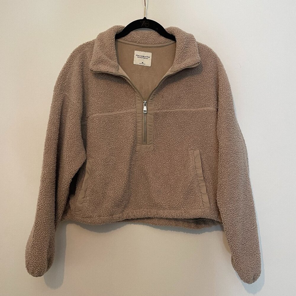 ABERCROMBIE & FITCH Beige Soft AF 1/4 Zip Pullover Crop Jacket Teddy - Medium